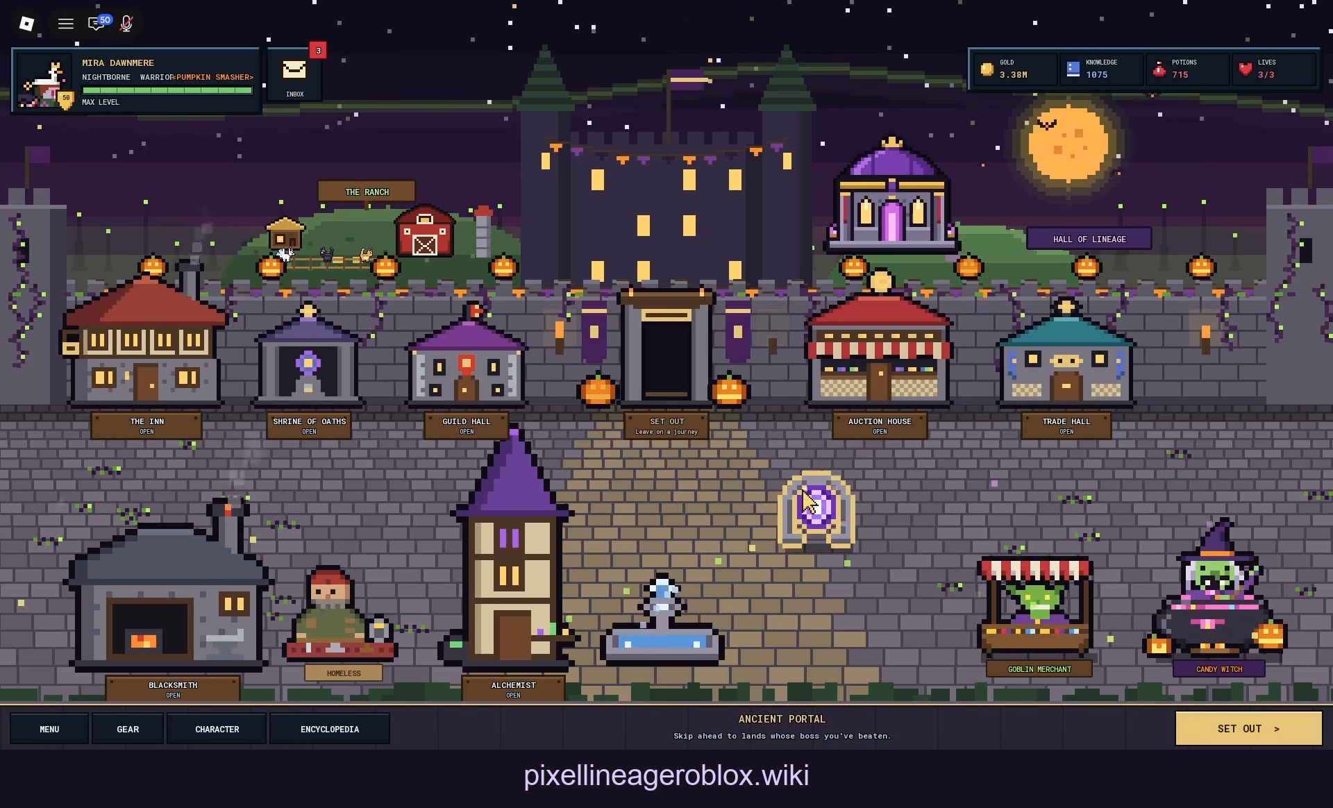 Ancient Portal in the Pixel Lineage castle with the tooltip about lands whose boss has been beaten
